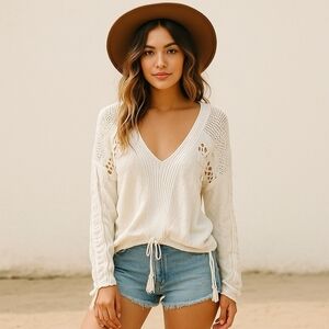WILDFOX Ivory Boho Fringe Knit Pullover Top – Size S